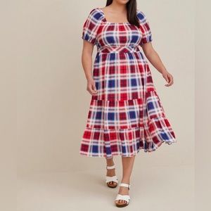 Plus Size Torrid 1 - Puff Sleeve Tiered Maxi Dress - Challis Plaid Red & Blue